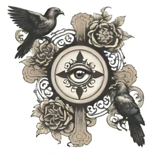 Orthodox Cross With Eye In The Middle Surrounded By Birds In A Blacked Out Circle