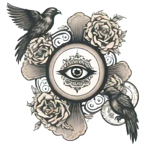 Orthodox Cross With Jesus Eye In The Middle Surrounded By Birds In A Blacked Out Circle