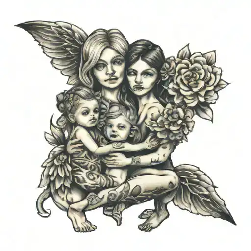 Tattoo Of A Mother Holding 1 Year Old Twin Girls And A 6 Year Old Girl