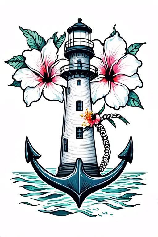 Lighthouse With Anchor And Hibiscus Flower