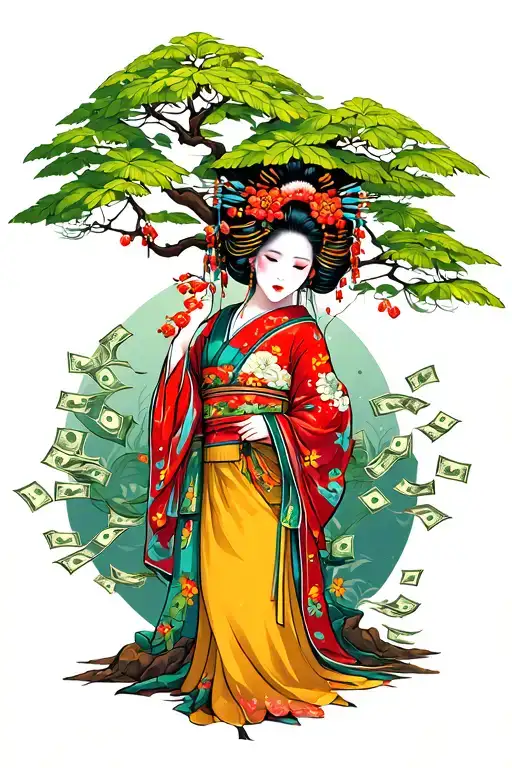 Geisha With Money Tree Growing