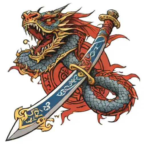 Blue Katana Sword With Number 231 On It Wrapped In A Red Dragon