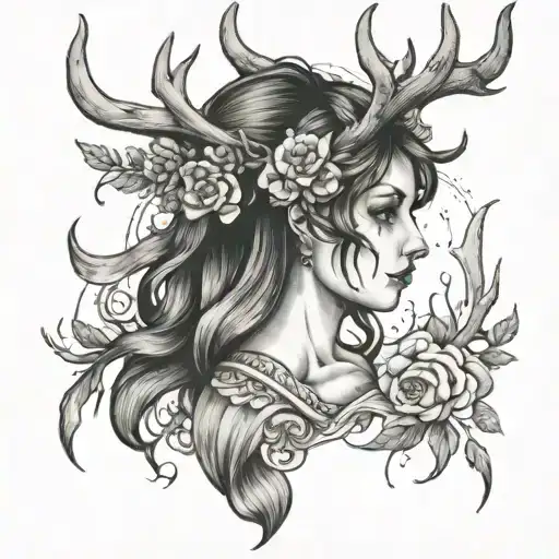 Girl From Mythologies With Deer Antlers On Her Head
