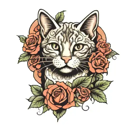 Cat And Roses Blooming