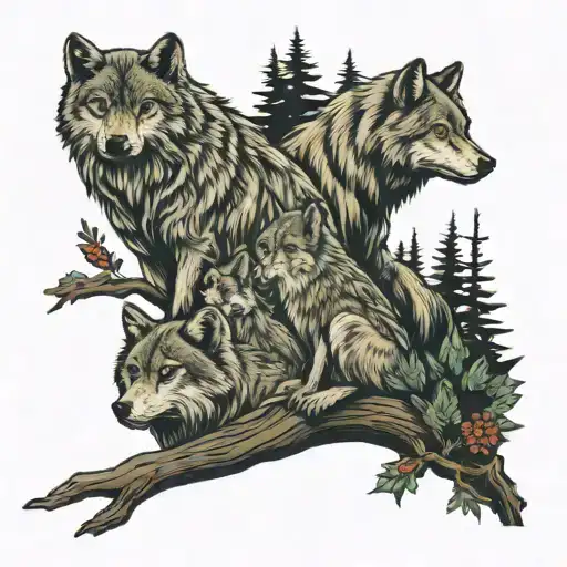 2 Adult Wolves 4 Cubs In Woods With An Owl Perched