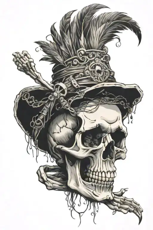 Skull With Headdress Disintegrating Skeleton Hand Reaching