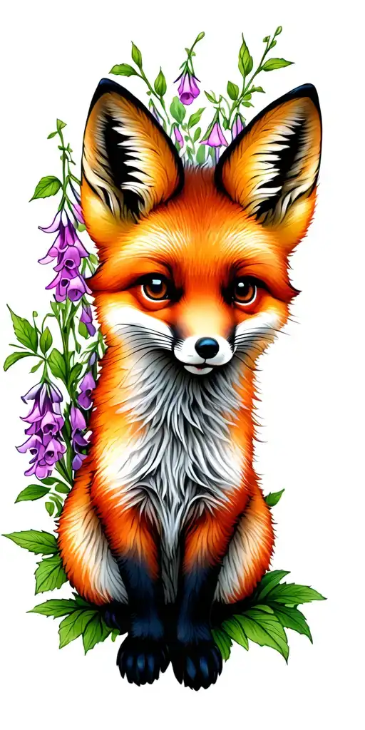 Baby Fox Surrounded By Foxglove Flowers