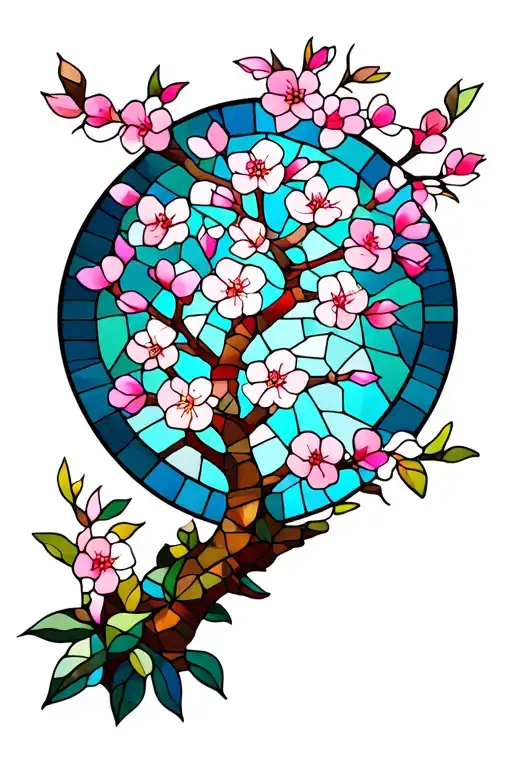 Stained Glass Window Design Of A Cherry Blossom Tree