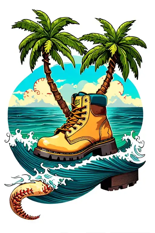Baseball Stiching Forming Into A Palm Tree With A Work Boot And Waves