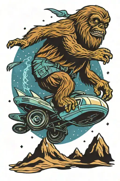 Sasquatch Driving A Ufo Abducting An Alien With A Swirling Blue Night Sky