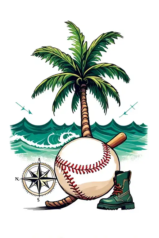 Baseball Stiching Forming Into A Single Palm Tree With A Work Boot And Waves And A Nautical Compass