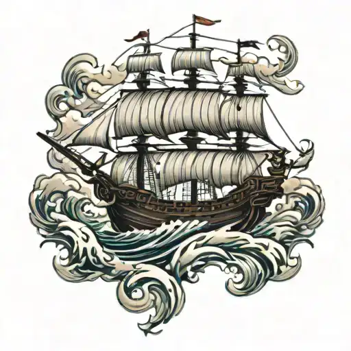 Old Pirate Ship On Waves