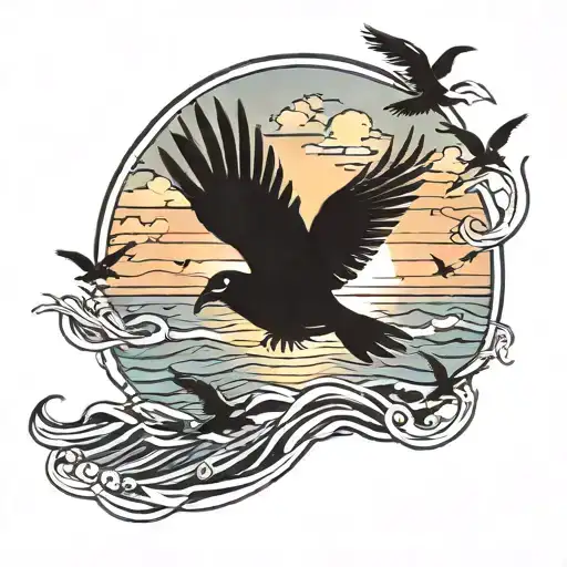 Sunset Over Ocean With 5 Small Birds Flying