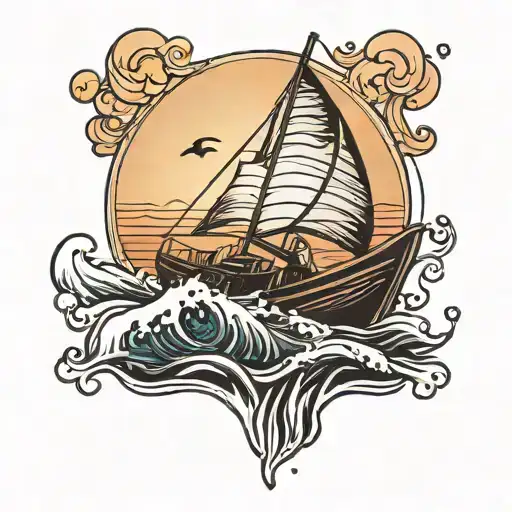 Boat In Water With Small Waves And Sunset Background