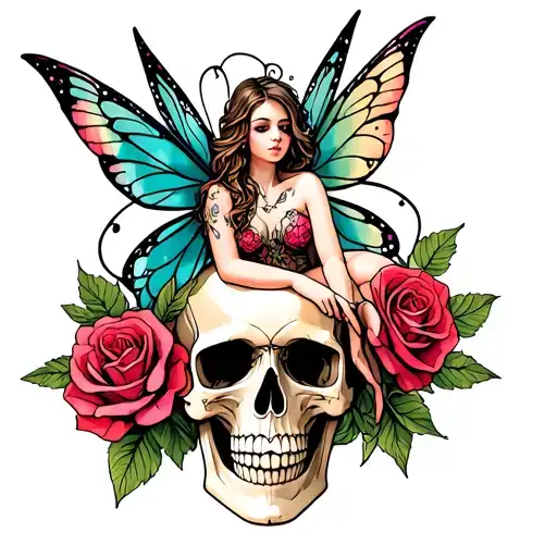 Skull With Roses With Fairy Sitting On Skull