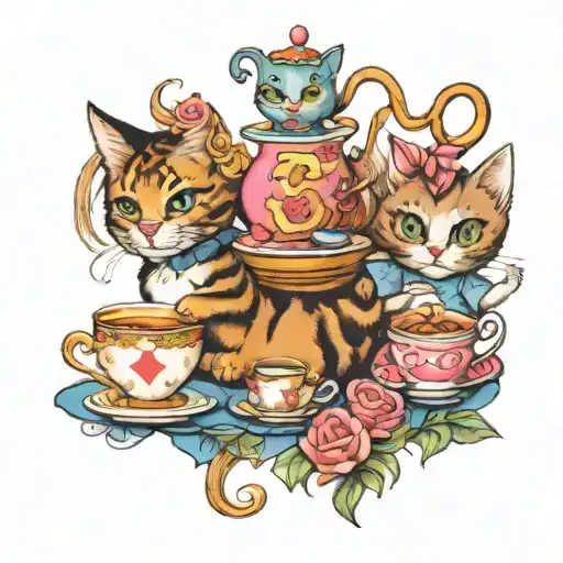 Alice And The Wonder Land Cat And Tea Party