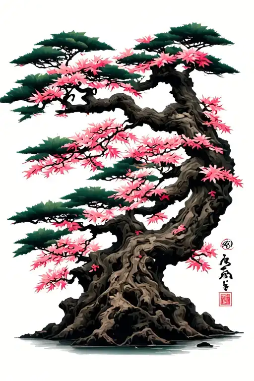 Japanese Maple And Cherry Blossom Tree Entwined At The Base