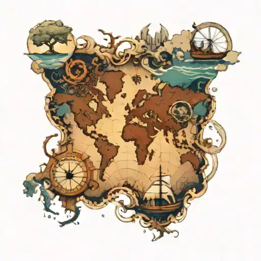 A Map Of The World With Nautical Elements And Mythological Creatures Representing Different Regions
