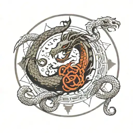 Jormungandr Wrapping Around Yggdrasil In A Circle With Nordic Runes Spread Throughout