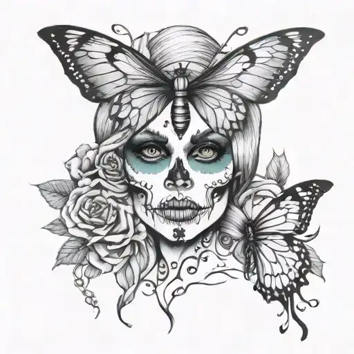 Female With Skull And Butterfly