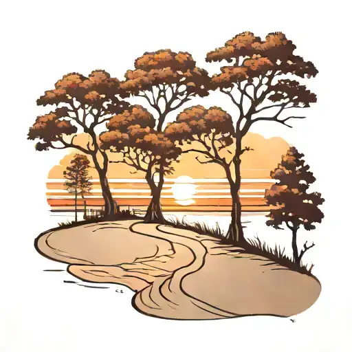 A Traditional Style Tattoo Of A Family Of Trees Casting Long Shadows On A Sandy Beach At Sunset