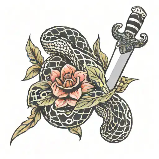 Bleeding Snake Wrapped Around Knife With Flowers
