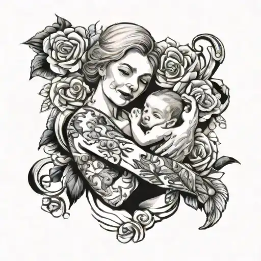 Mother With Baby In Her Arms And Holding
