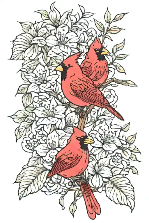Ywllow Jasmines And Red Cardinal Perched
