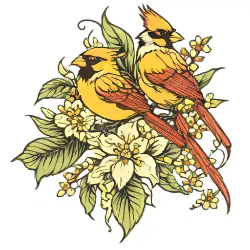Yellow Jasmine And Red Cardinal Perched