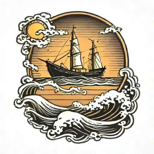 Black Boat With Sunset Background And Waves In The Foreground