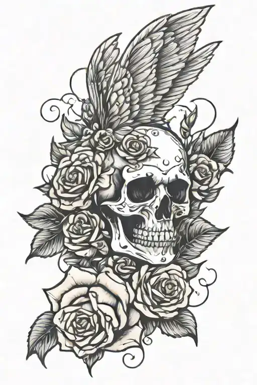 Angel Skull With Roses And Carnation Flowers Around It