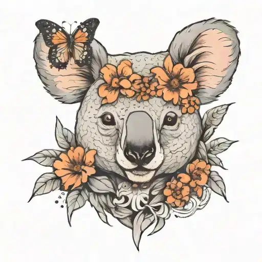 Half Of Koalas Head With Big Flower And Butterfly In A Bad Sorrounding