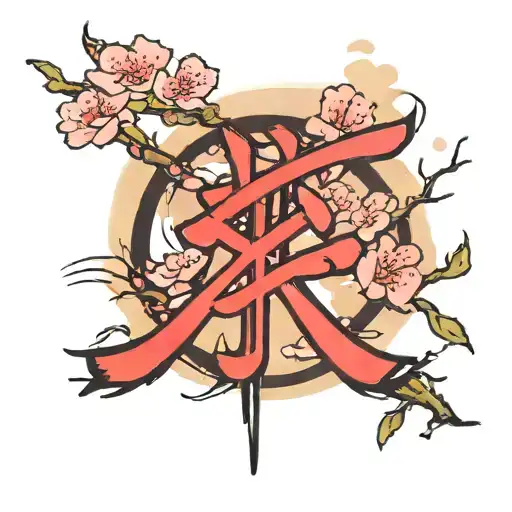 Brush Stroke Kanji With A Cherry Blossom Tree Behind It