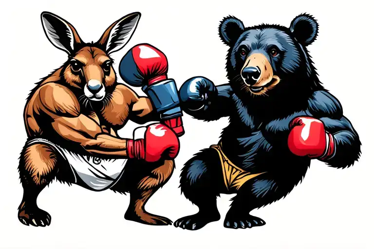 Kangaroo And Black Bear Boxing In 1920 Fighter Styler With Boxer Shorts And Boxing Gloves