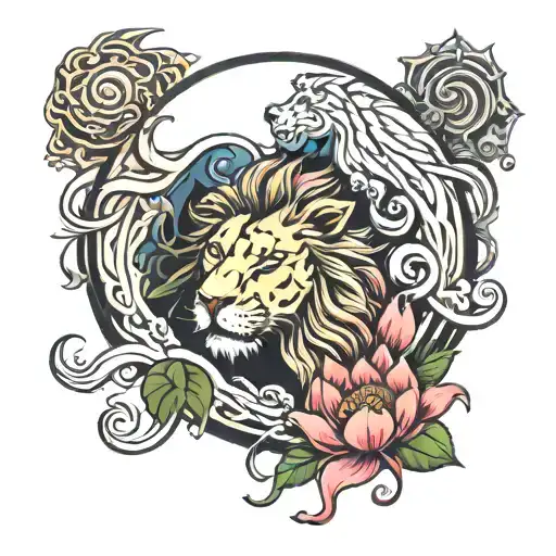 Lion Of Judah And Lotus Flower Inside A Yin Yang Symbol