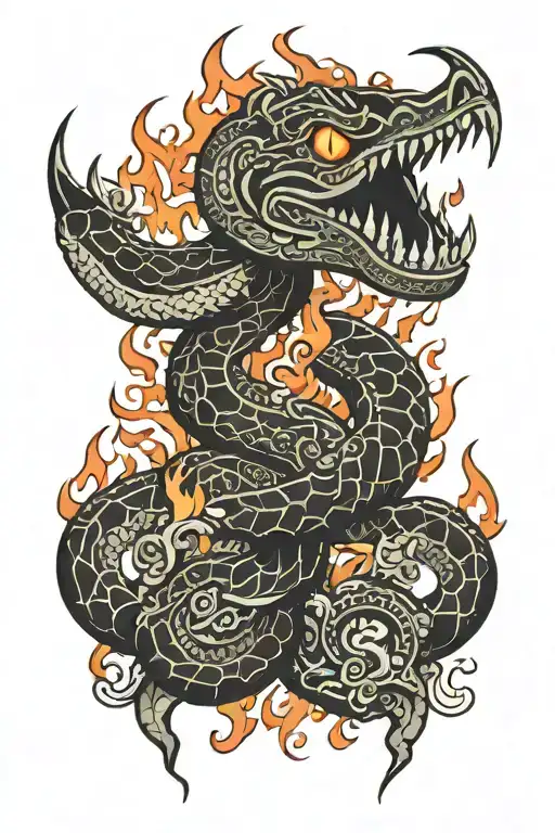 Aztec Snake And Fire In Background