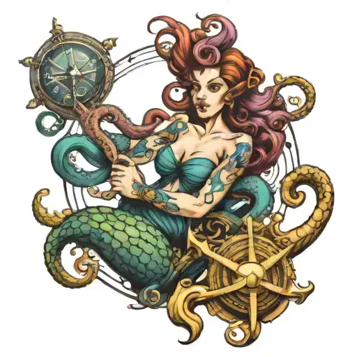 Octopus With Mermaid A Triton And A Compass