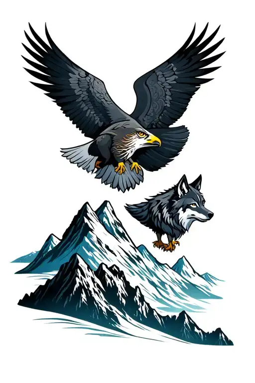 Mountain With Wolf And Falcon