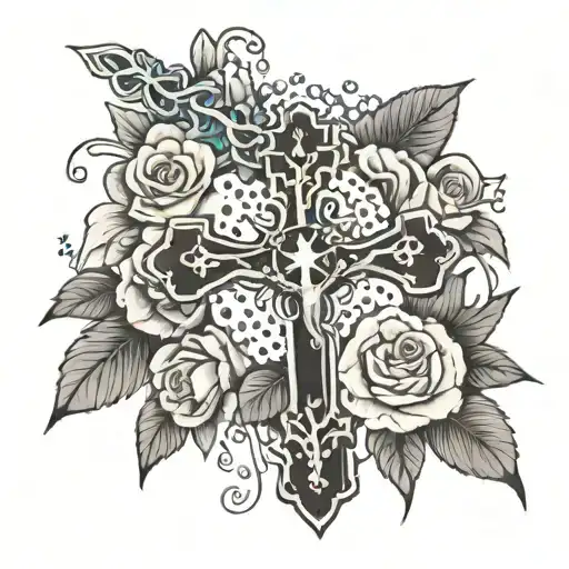 Cross With Rosary Hanging Off It With Flowers Around The Cross