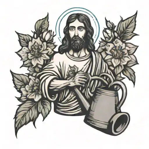 Jesus With A Watering Can With Flowers Growing