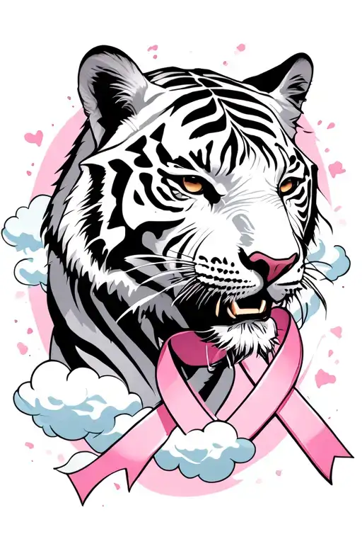 White Tiger And Breast Cancer Ribbon With Cloud Around It
