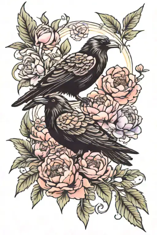 Peony Flowers And Raven Perched