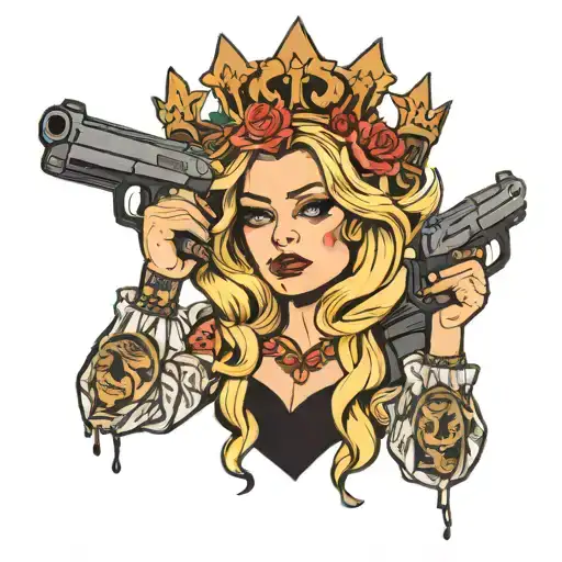 Crying Blonde Woman Wearing Crown Holding Two Giant Pistols