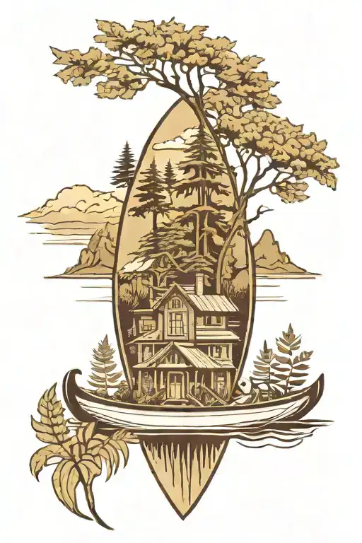 Mountain River Canoe Ferns Native New Zealand Trees Large Old House