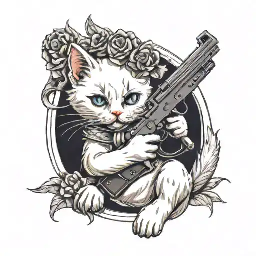 White Kitten Holding A Gun Posing Gangster