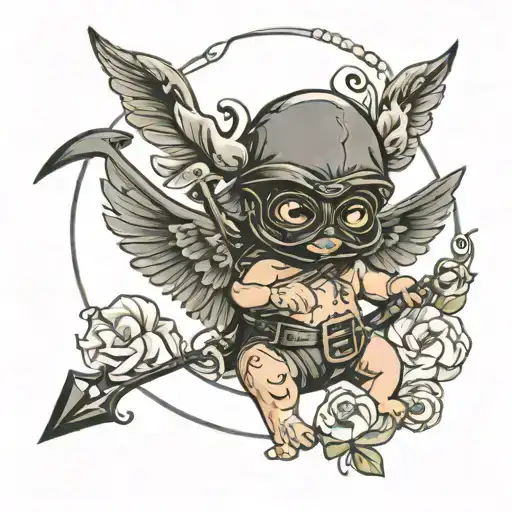 Baby Cupid Wearing A Black Plague Mask Holding A Bow And Arrow