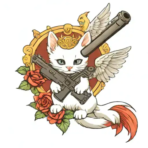 White Kitten With Angel Wings And Halo Holding A Giant Shotgun