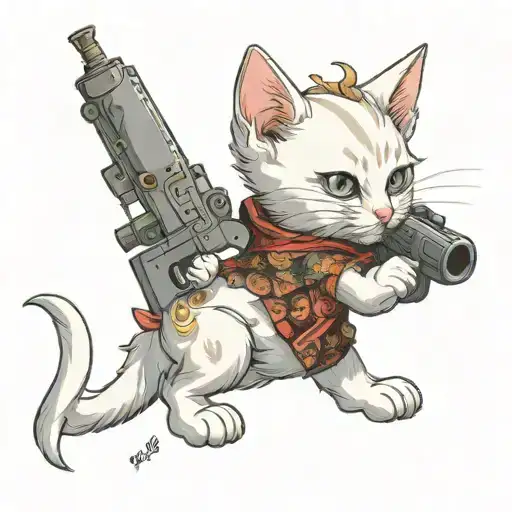 White Kitten With Dragon Wings Holding Giant Gun