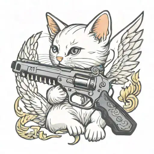 White Kitten With Wings Shooting A Gun