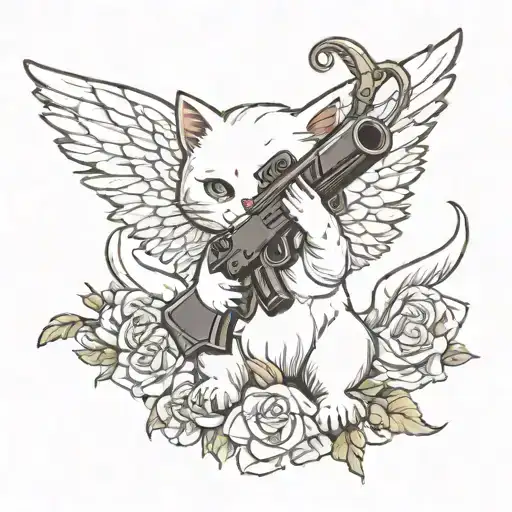 Angelic White Kitten With Wings Holding Giant Gun
